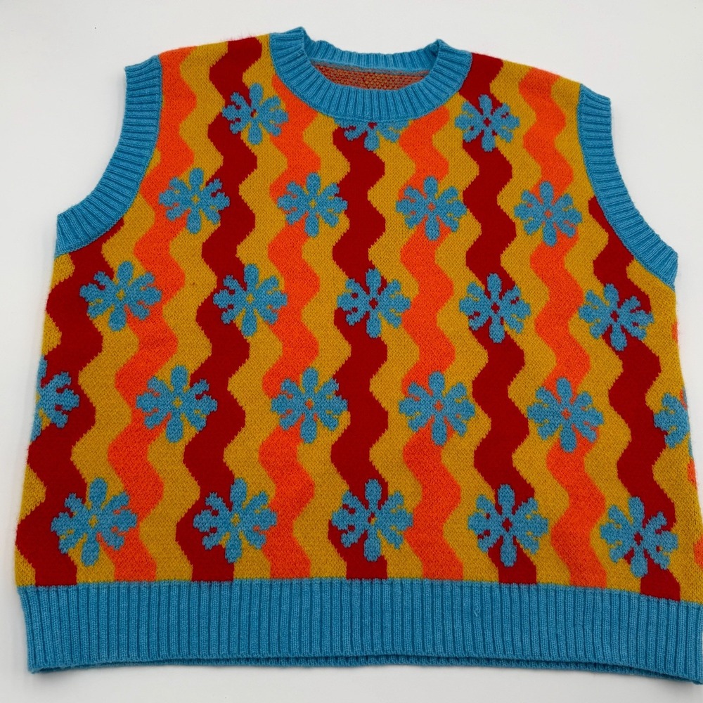Y2k Retro‎ Floral Sweater Vest Psychedelic Wave Slouchy Sleeveless Top